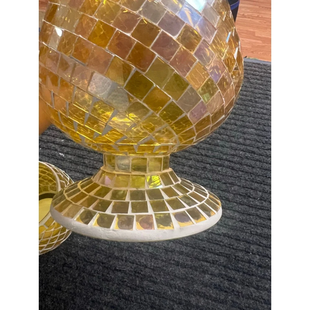 Yellow Mosaic Glass Hurricane Vase and Votive Set EUC Vintage Decor